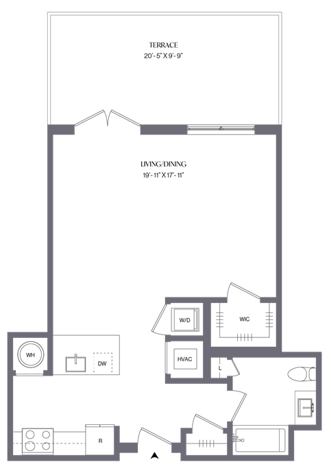 Floor plan for studio, 1 bath, 680 sqft