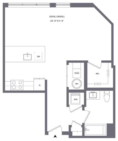 Floor plan for studio, 1 bath, 615 sqft