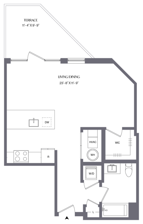 Floor plan for studio, 1 bath, 615 sqft