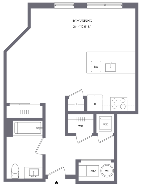 Floor plan for studio, 1 bath, 584 sqft