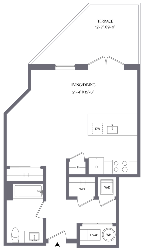Floor plan for studio, 1 bath, 615 sqft
