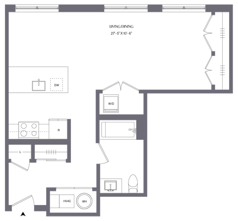 Floor plan for studio, 1 bath, 652 sqft