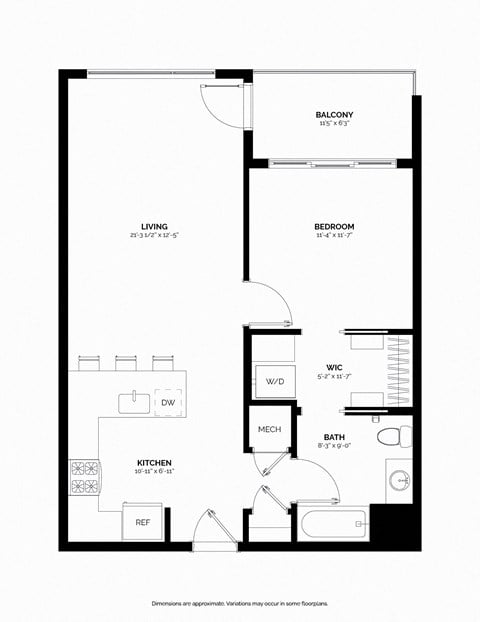 Floor plan for 1 bed, 1 bath, 771 sqft