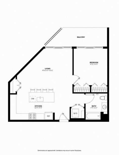 Floor plan for 1 bed, 1 bath, 782 sqft