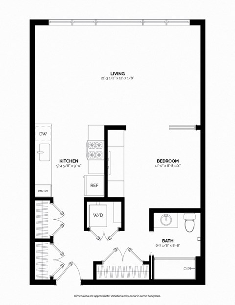 Floor plan for 1 bed, 1 bath, 745 sqft
