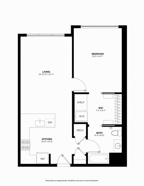 Floor plan for 1 bed, 1 bath, 820 sqft