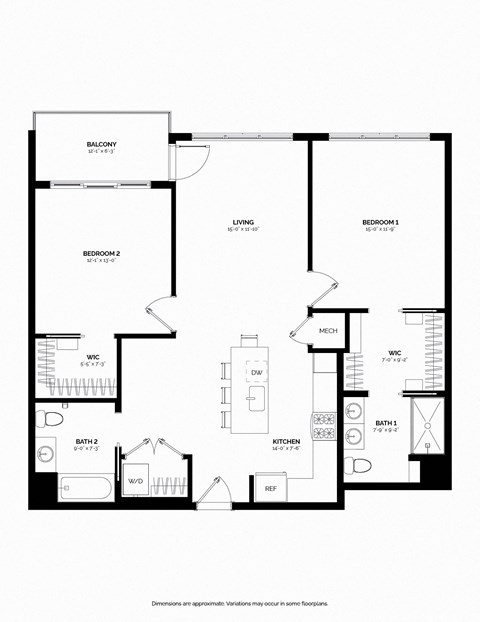 Floor plan for 2 beds, 2 baths, 1193 sqft