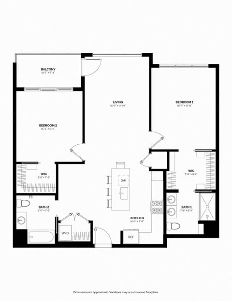 Floor plan for 2 beds, 2 baths, 1193 sqft
