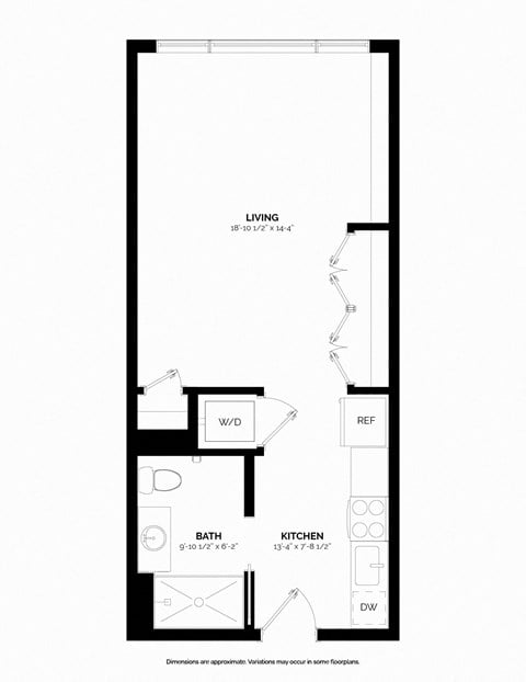 Floor plan for studio, 1 bath, 512 sqft