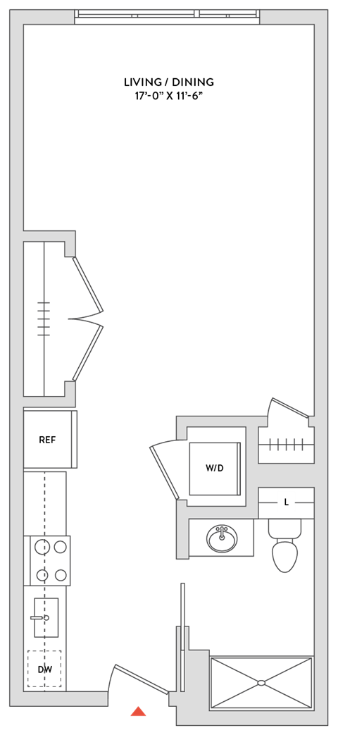 Floor plan for studio, 1 bath, 517 sqft