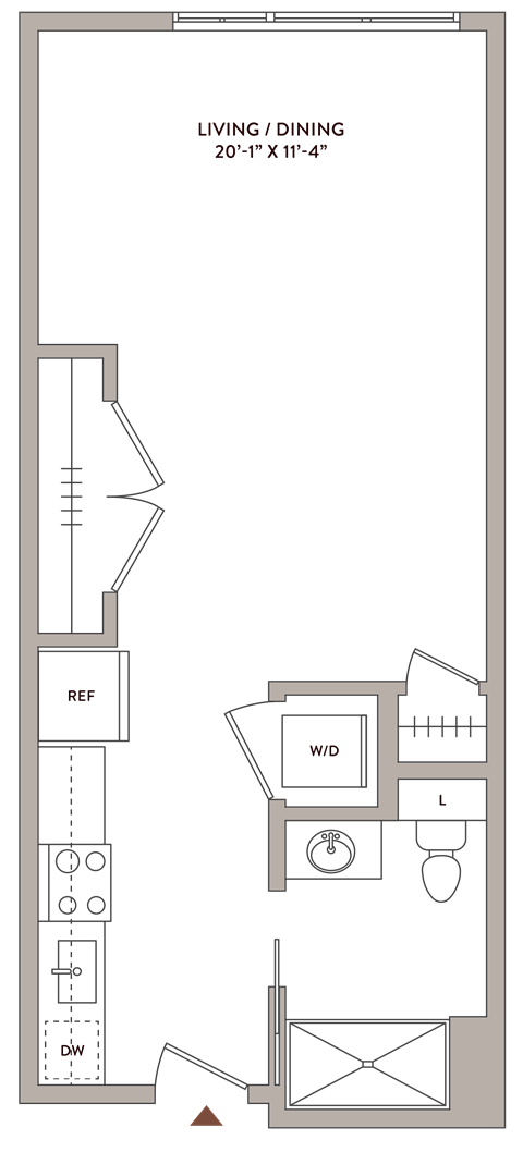 Floor plan for studio, 1 bath, 500 sqft
