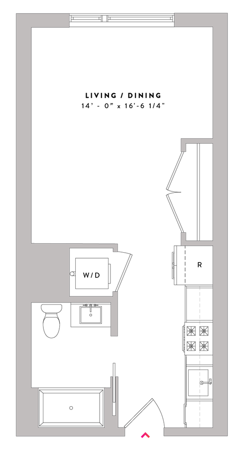Floor plan for studio, 1 bath, 477 sqft