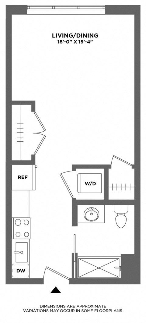 Floor plan for studio, 1 bath, 489 sqft