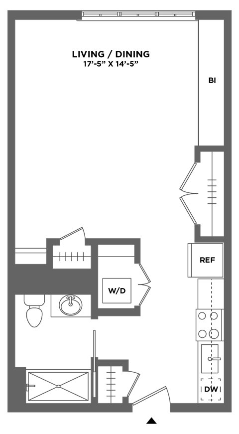 Floor plan for studio, 1 bath, 489 sqft