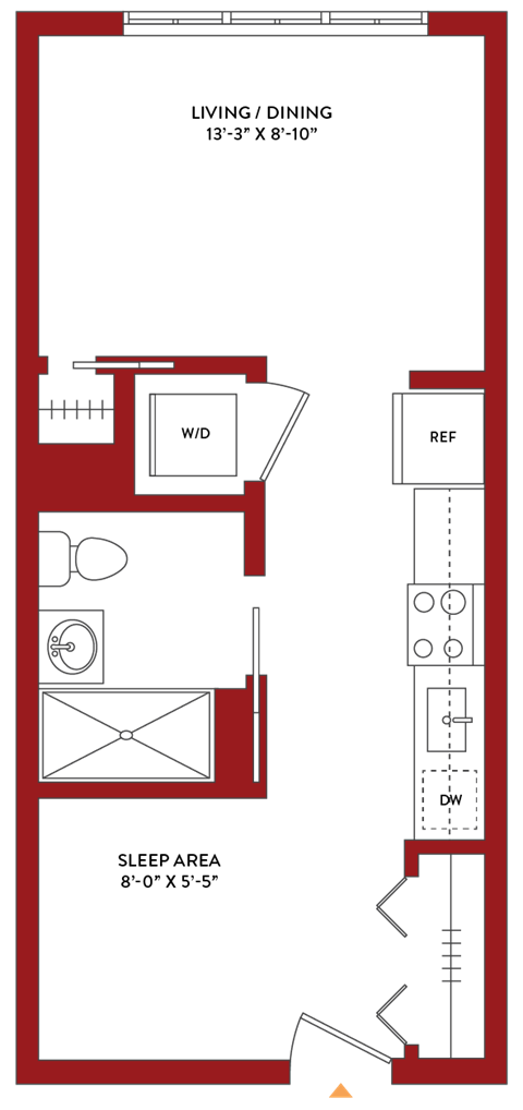 Floor plan for studio, 1 bath, 458 sqft