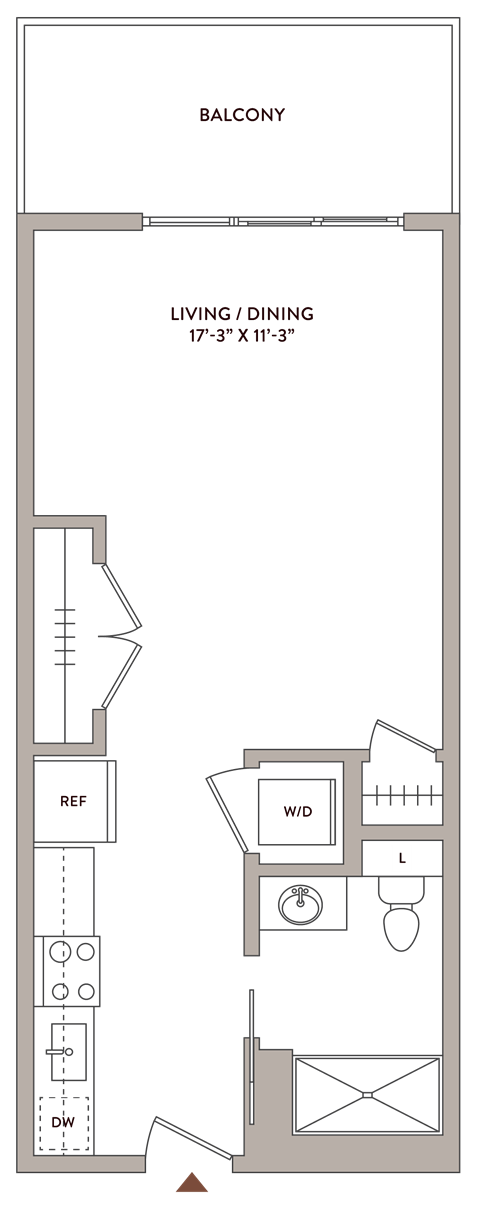 Floor plan for studio, 1 bath, 490 sqft