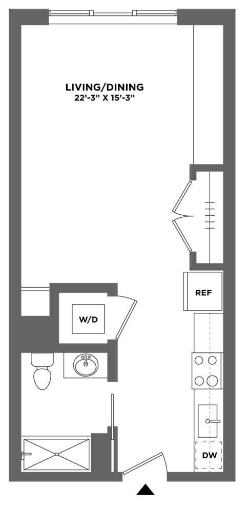 Floor plan for studio, 1 bath, 496 sqft
