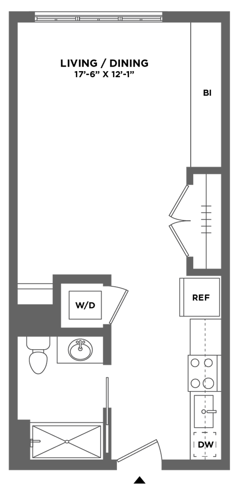 Floor plan for studio, 1 bath, 489 sqft