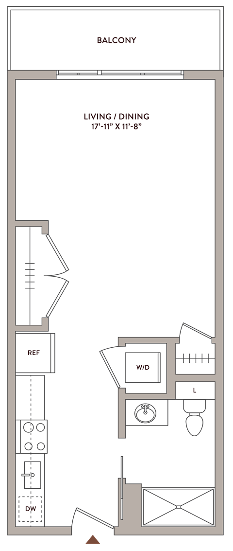 Floor plan for studio, 1 bath, 490 sqft
