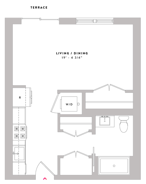 Floor plan for studio, 1 bath, 542 sqft