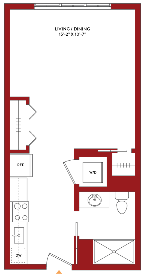 Floor plan for studio, 1 bath, 500 sqft