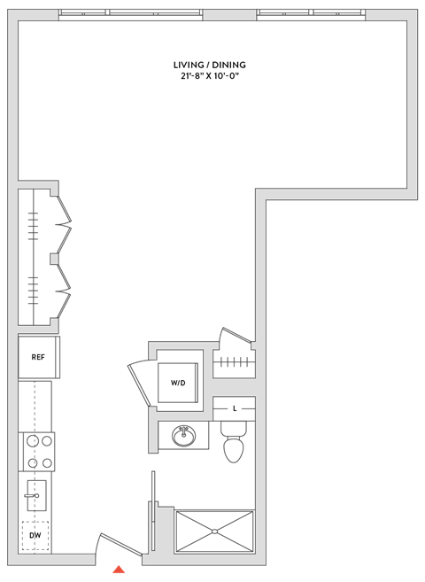 Floor plan for studio, 1 bath, 659 sqft