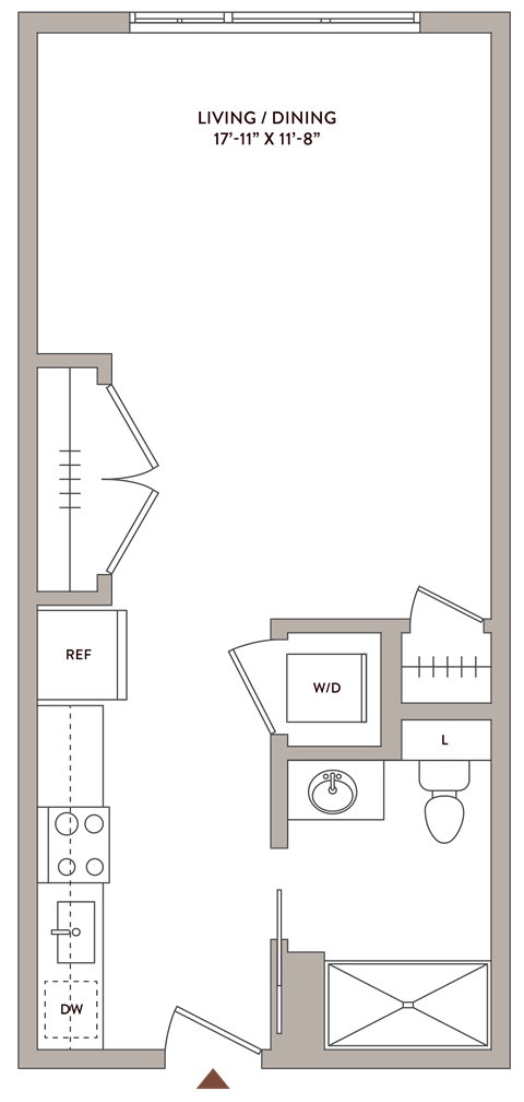 Floor plan for studio, 1 bath, 490 sqft