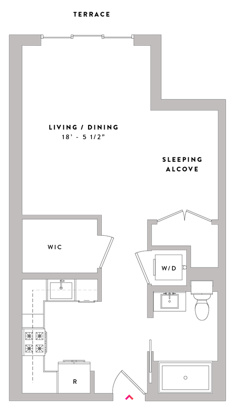 Floor plan for studio, 1 bath, 610 sqft