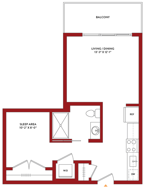 Floor plan for studio, 1 bath, 518 sqft