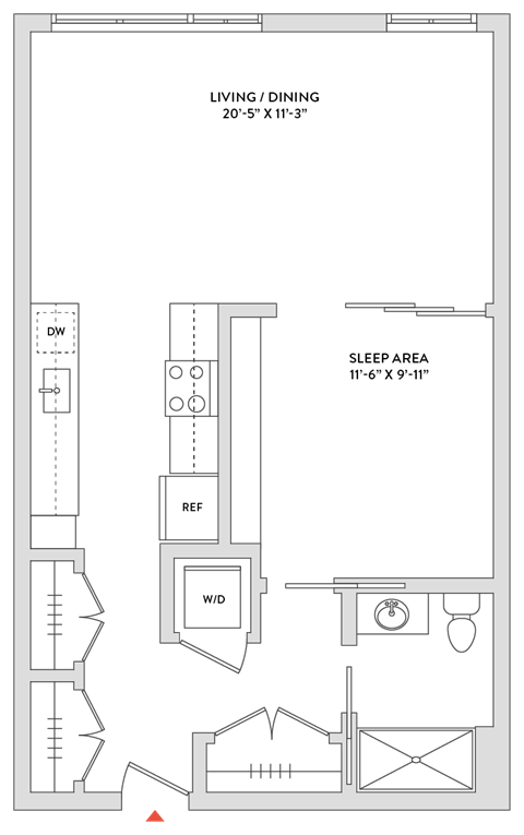 Floor plan for studio, 1 bath, 733 sqft