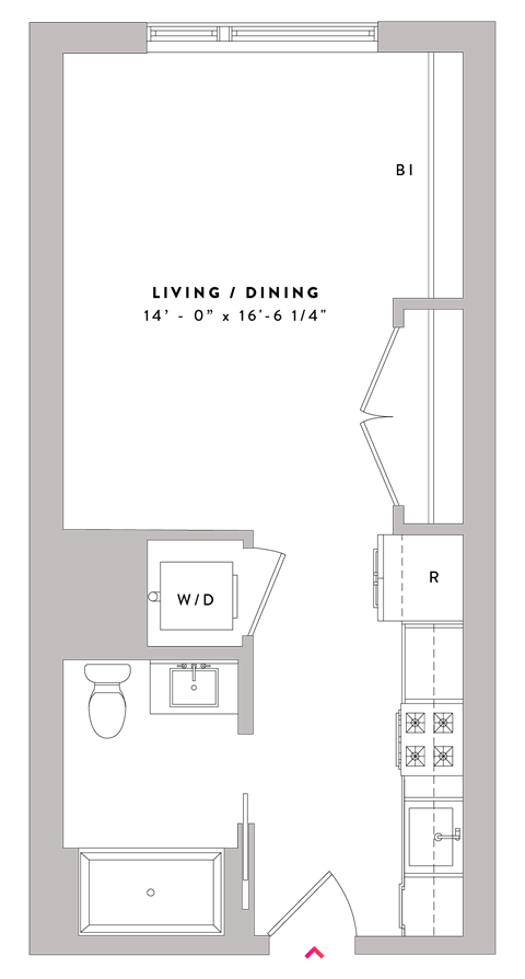 Floor plan for studio, 1 bath, 477 sqft