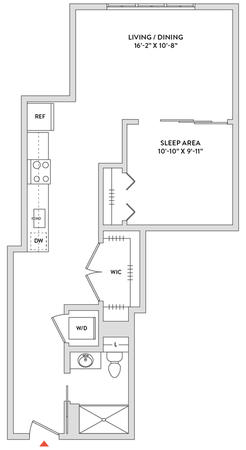 Floor plan for studio, 1 bath, 765 sqft