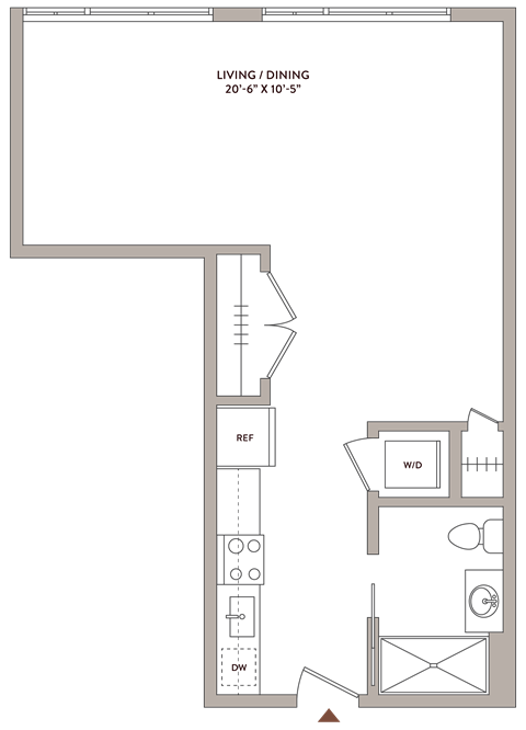 Floor plan for studio, 1 bath, 570 sqft