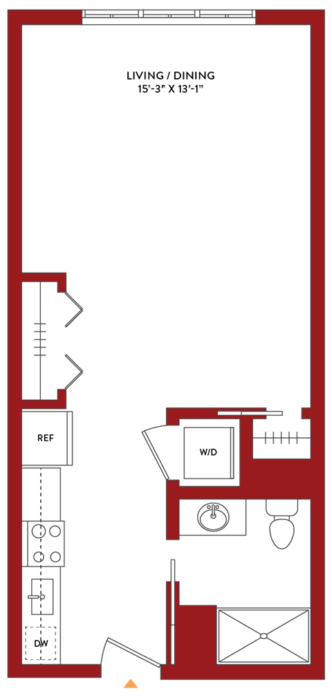 Floor plan for studio, 1 bath, 555 sqft