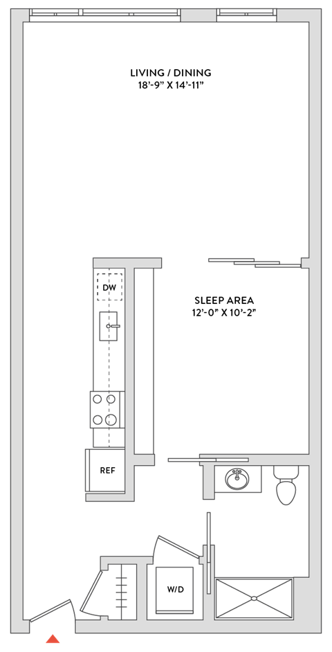 Floor plan for studio, 1 bath, 793 sqft