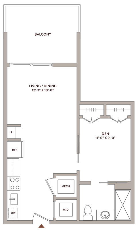 Floor plan for studio, 1 bath, 543 sqft