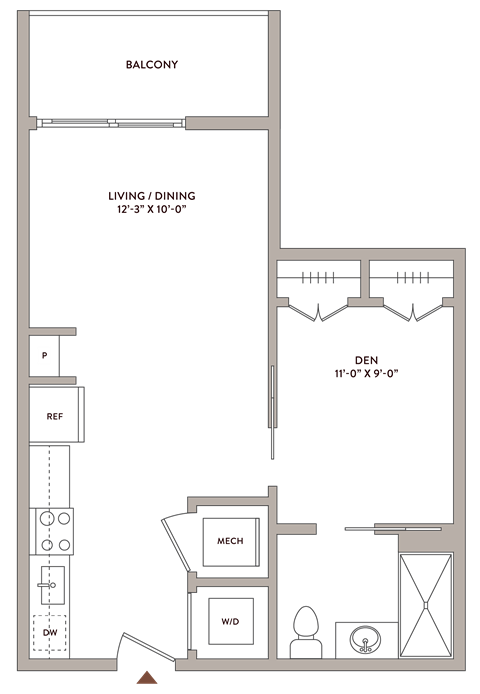 Floor plan for studio, 1 bath, 543 sqft