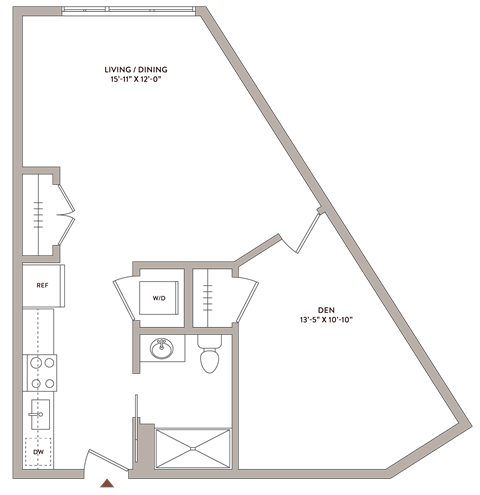 Floor plan for studio, 1 bath, 668 sqft