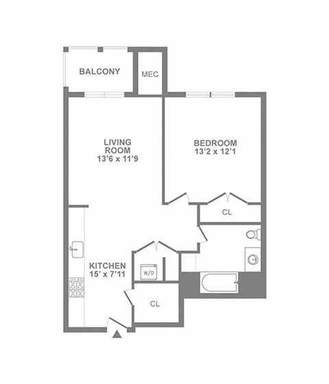 Floor plan for 1 bed, 1 bath, 730 sqft