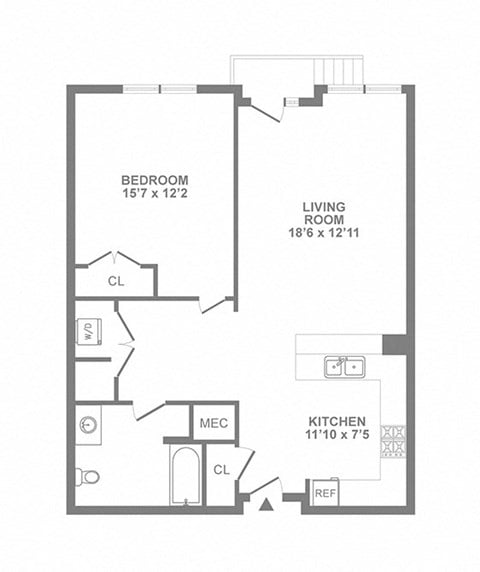 Floor plan for 1 bed, 1 bath, 829 sqft