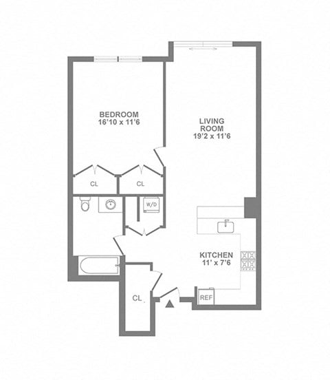 Floor plan for 1 bed, 1 bath, 769 sqft