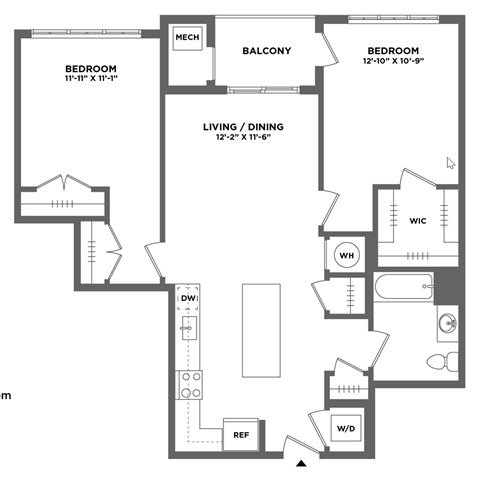 Floor plan for 2 beds, 1 bath, 951 sqft