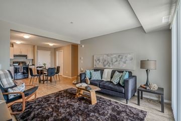 Sylvan Lake apartment for rent - A living room with a black couch and a rug.