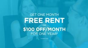 Edmonton apartment for rent - A promotional image offering a free rent for one month or a $100 discount for one year.