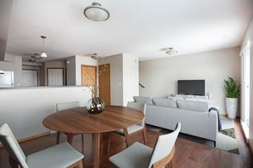 Winnipeg apartment for rent - A modern living room with a grey couch and a wooden table.