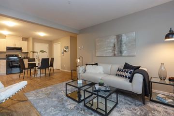 North Cowichan apartment for rent - A modern living room with a white sofa and a glass coffee table.
