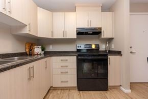 North Cowichan apartment for rent - A black oven is in a kitchen with wooden cabinets.