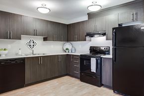 Red Deer apartment for rent - A kitchen with dark wood cabinets and appliances.