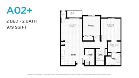 Floor plan for 2 beds, 2 baths, 956 sqft