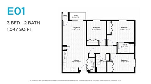 Floor plan for 3 beds, 2 baths, 1052 sqft